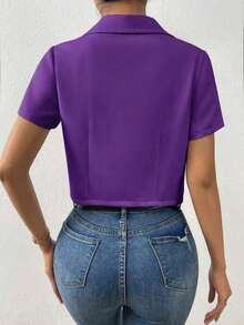 Blazer de mujer de unicolor con un solo botón y manga corta, para uso casual en verano - Morado - Ver 2