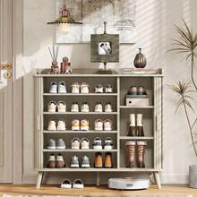 ONBRILL White Fluted Shoe Cabinet With Sliding Door, 5-Tier Hidden Shoe Rack With Adjustable Shelves, Wooden Shoe Storage Organizer With Open Bottom Space, Freestanding Shoe Shelf Storage For Entryway Hallway Apartment, (Black) - trắng - Xem 4