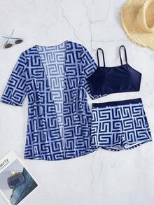 Conjunto de playa de 3 piezas para mujer: top de bikini corto negro, kimono de malla y shorts - Azul - Ver 3