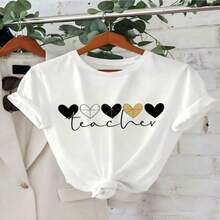 Women's Casual Cotton Round Neck Short Sleeve T-Shirt With 'Teacher' Heart Graphic Print, Elegant And Sexy High Stretch Top - 白色 - 查看 1