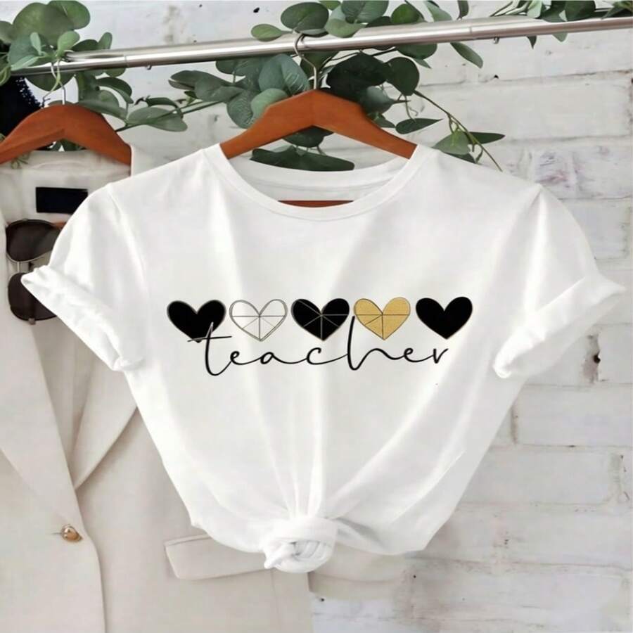 Women's Casual Cotton Round Neck Short Sleeve T-Shirt With 'Teacher' Heart Graphic Print, Elegant And Sexy High Stretch Top - 白色 - 查看 1