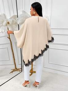 AIJ Plus Size Women Knit Fabric Long Sleeve Top, High Neck Asymmetric Lace Design, Fashionable - Apricot - View 2