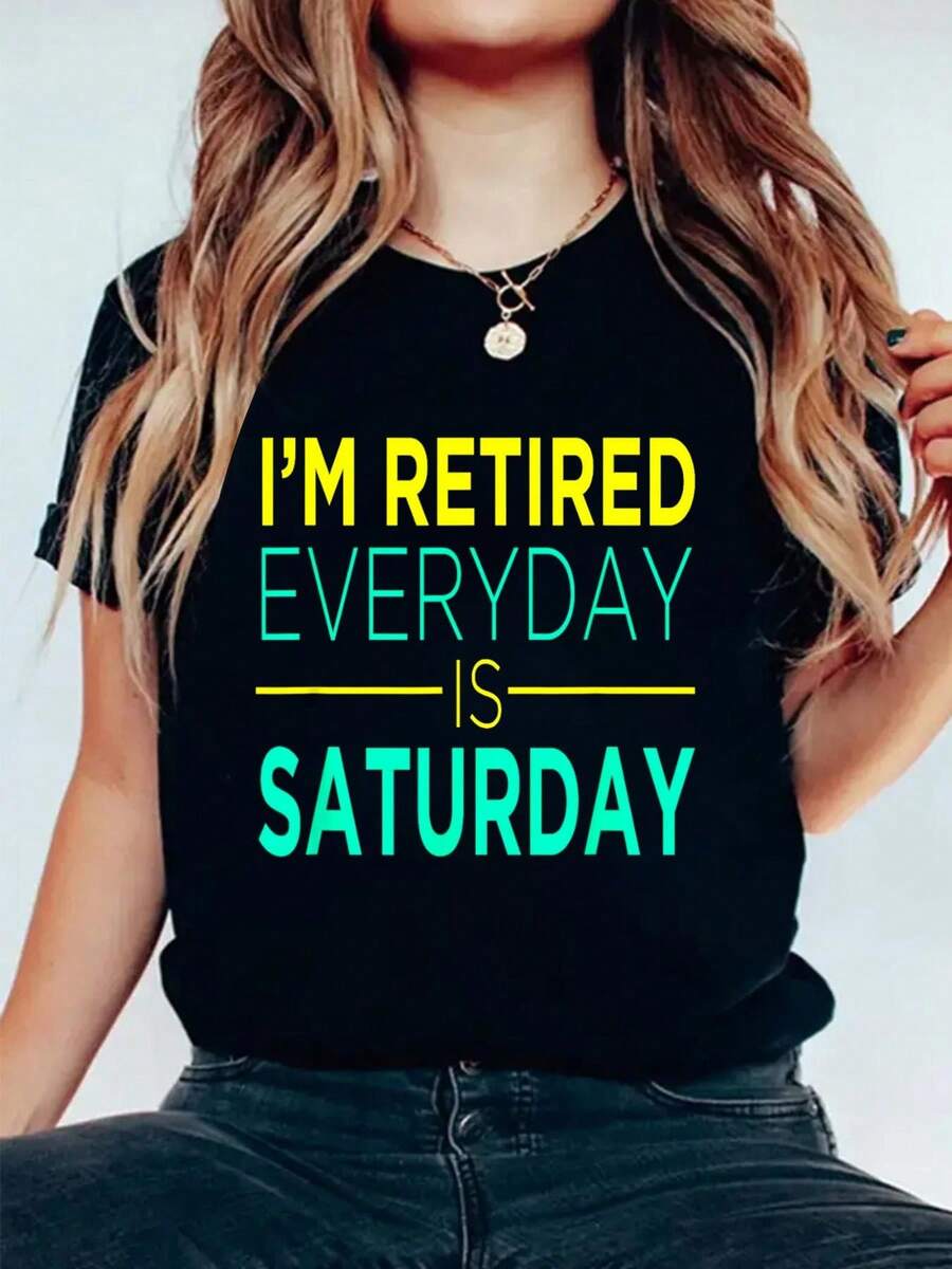 Camiseta de Mujer Talla Grande Drtida "Jubil, C Día es Sábado" - Manga Corta Casual Cuello Redondo con Estampado de Eslogan, Conjunto Cómodo para Jubilación de Primavera y Verano, Lavable a Máquinara Semi-Jubilación y Ropa de Ocio