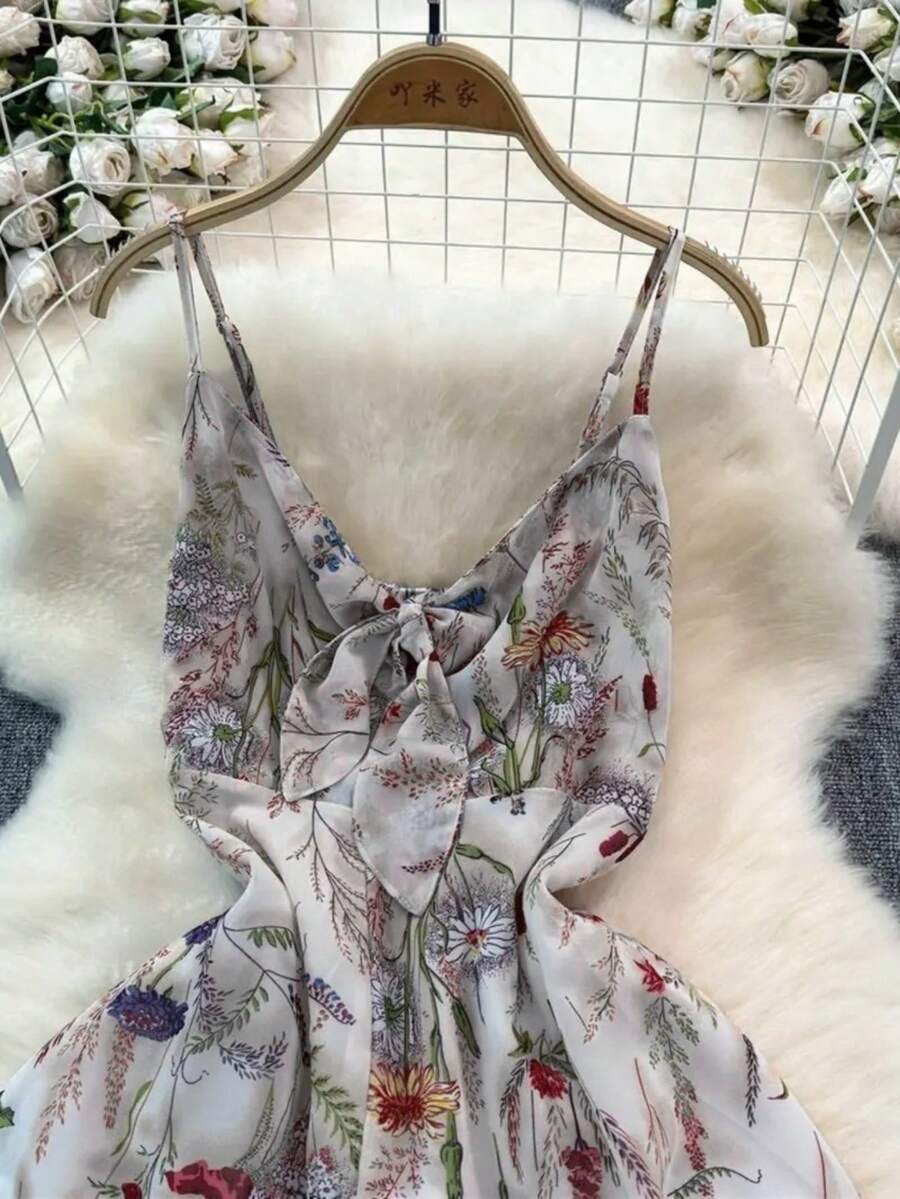 Women's Floral Midi Dress, Halter Neck With Bow And Ruffles, Romantic Style For Spring-Summer - Grey - View 1