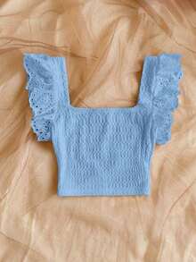 Elegante top corto de mujer de punto con plisados, adornos de encaje floral y diseño ideal para vacaciones - Azul - Ver 2