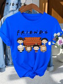 Camiseta de manga corta para mujer, de Warner, serie de TV Friends, con estampado de imagen del protagonista en versión Q, cuello redondo informal, para primavera, verano y otoño, 100% camiseta de mujer, estilo retro versátil para uso diario, vacaciones y viajes de moda. - Azul - Ver 8