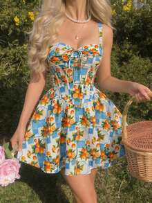 Vestido midi acampanado con cintura fruncida y estampado de flores, con decoración de lazo.Ideal para rave, estilo bohemio, conciertos, graduación, romántico, verano, elegante, vacaciones, fiestas, fluido, invitada de boda, té, modesto, baile d - Azul y blanco - Ver 1