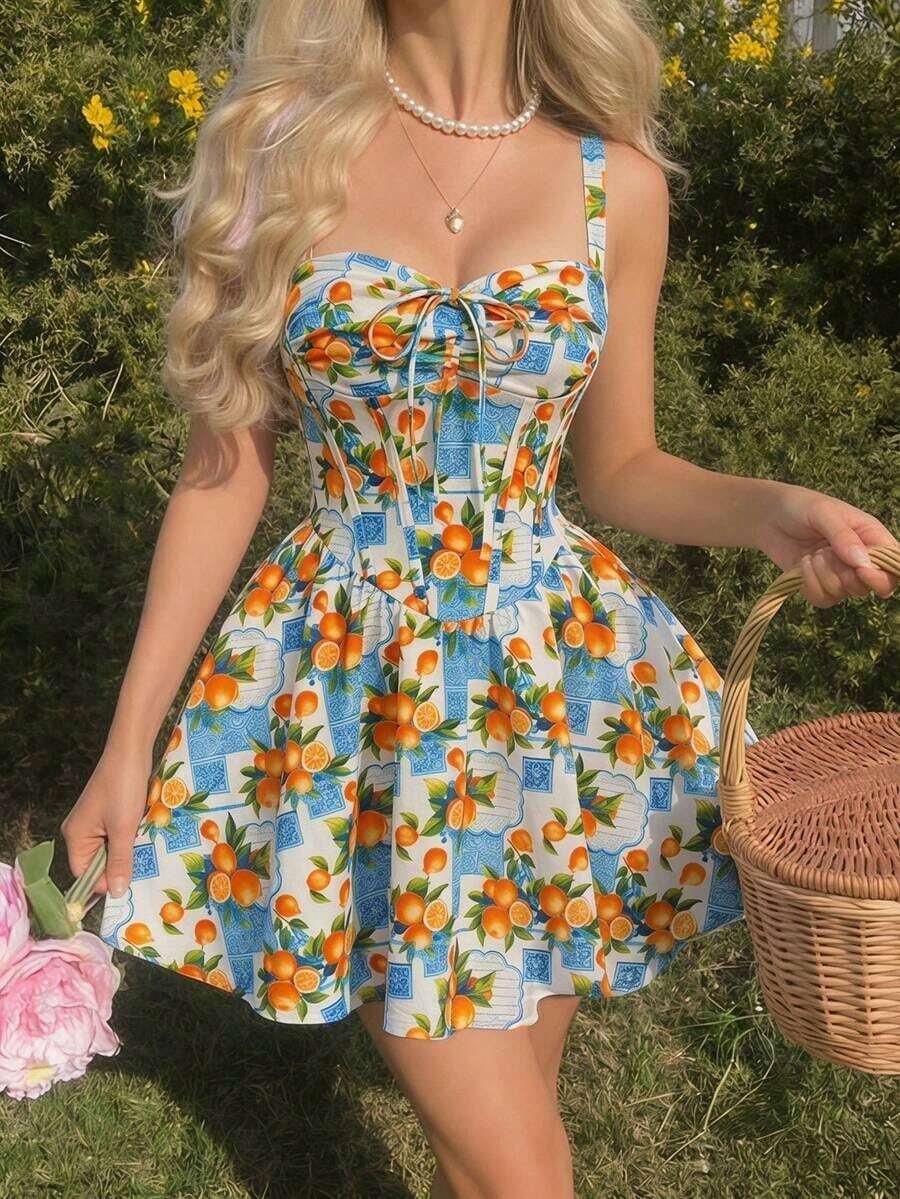 Vestido midi acampanado con cintura fruncida y estampado de flores, con decoración de lazo.Ideal para rave, estilo bohemio, conciertos, graduación, romántico, verano, elegante, vacaciones, fiestas, fluido, invitada de boda, té, modesto, baile d - Azul y blanco - Ver 1