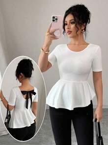 Elegante blusa de punto jacquard con lunares, lazo en la espalda, cintura ceñida y bajo asimétrico - Blanco - Ver 8