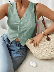 Top sin mangas blanco puro con bordado, de estilo "Old Money", casual y lindo para verano, para salir - verde menta - Ver 7
