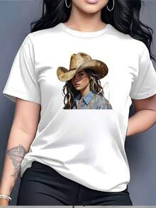 Camiseta con Estampado de Sombrero de Vaquera - Camiseta de Cuello Redondo de 180G para Mujer, Adecuada para Festivales de Verano, Salidas Familiares y Fiestas de Oficina - Top Casual Ligero para Mujer NURF - Blanco - Ver 1