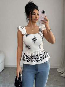 Blusa de manga corta con lazo en la espalda y cintura ceñida, con estampado posicionado en color negro sobre base color albaricoque, para mujer - Albaricoque - Ver 5