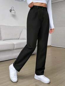 Pantalones casuales sueltos de pierna recta con plisados de cintura alta negros para mujeres - Negro - Ver 3