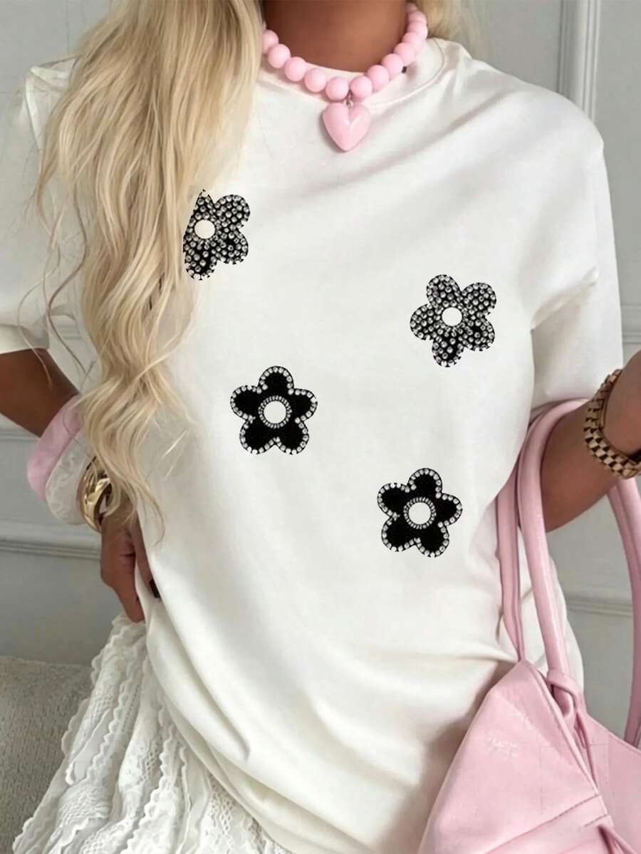Camiseta de moda femenina de verano de manga corta camiseta de moda casual al aire libre 'flor' estampada camiseta casual femenina suelta - Blanco - Ver 1