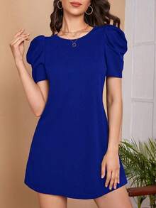 Clasi Vestido sólido negro con mangas abullonadas para mujer, vestido de - azul real - Ver 6