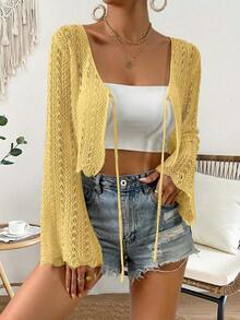 Cárdigan de punto calado de color liso casual para vacaciones - Amarillo 2 - Ver 7