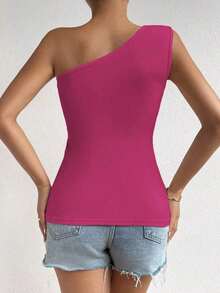 Parte superior de un solo hombro con plisado de unicolor informal de verano para mujer - Rosa Roja - Ver 2