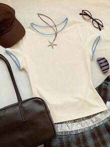 2026 Nueva Moda Camiseta Casual Versátil de Mujer con Cuello Redondo y Mangas Cortas, Contraste de Ribete, Top de Verano, Ropa de Primavera para Exteriores, Top Beige Casual Y2K - Beis - Ver 9