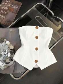Top de tirantes elegante con decoración de botones florales para mujer, verano - Blanco - Ver 3