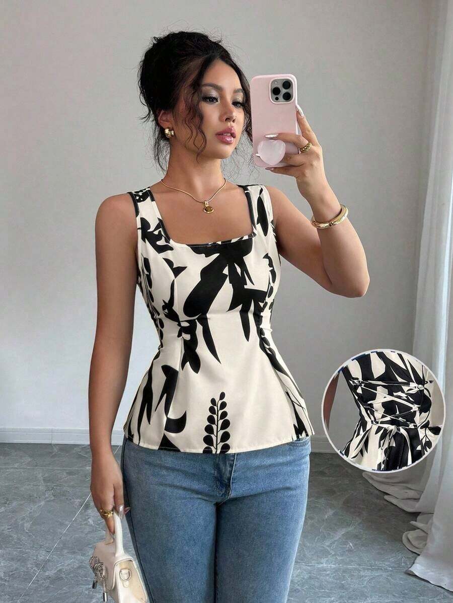 Blusa de mujer sin mangas con cuello sin cuello, cinturón con nudo y volantes estampada en tela - Negro - Ver 1