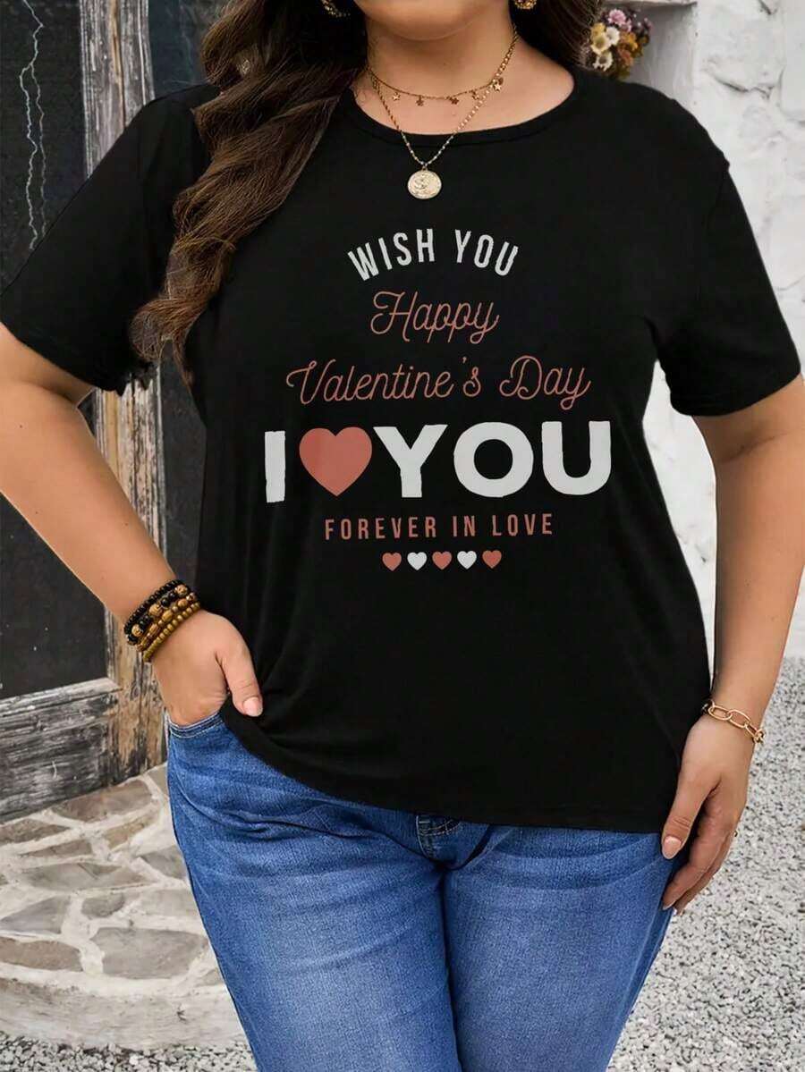 Camiseta Casual de Manga Corta con Cuello Redondo para Mujer, Estampados Creativos para el Día de San Valentín, Diseño Simple, Adecuada para Todas las Temporadas, Cómoda y Versátil, Estilo de Pareja, Camiseta Gráfica. - Negro 4 - Ver 1