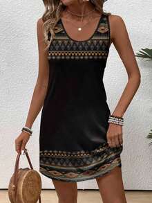 Vestido casual de mujer sin mangas con estampado geométrico - Negro - Ver 6