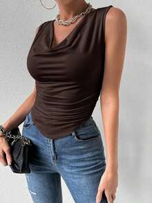 Blusa sin mangas blanca para mujer, adecuada para la oficina, de vuelta a la temporada escolar, otoño - Marrón - Ver 4