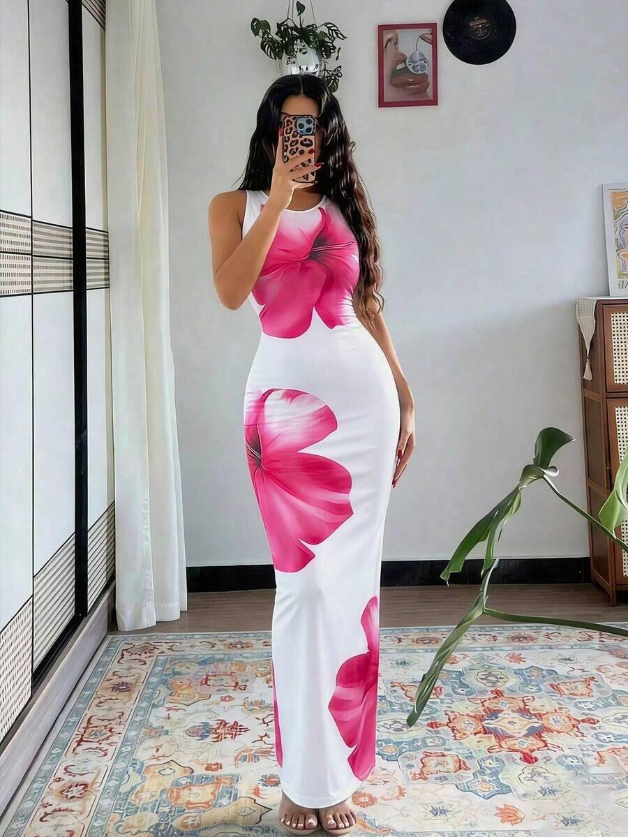 Vestido largo de mujer de vestido de escote con estampado de teñido anudado, vestido de verano largo, vestido largo verde maxi para outfit de mujer - Blanco - Ver 1