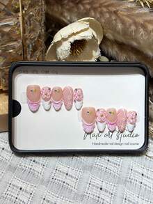 10pcs Set Handmade Almond Shaped Nail Art Stickers, Delicate Nude Color French Manicure With Floral Engraving Design, Removable & Reusable Fake Nails - Multicolor - View 9