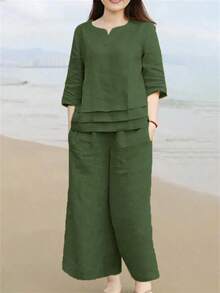 Conjunto de 2 piezas de top ajustado de manga media con cuello en V y pantalones largos de lino, casual, para primavera/verano/otoño/invierno - Verde - Ver 1