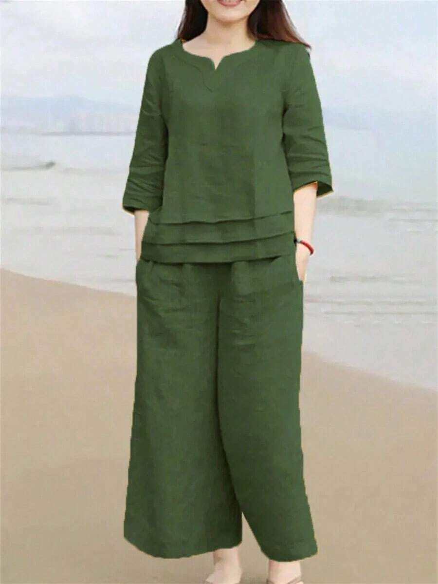 Conjunto de 2 piezas de top ajustado de manga media con cuello en V y pantalones largos de lino, casual, para primavera/verano/otoño/invierno - Verde - Ver 1