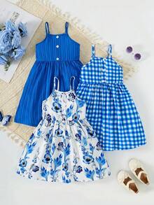 3pcs/Set Girls Floral Print Cami Dress + Solid Color Button Cami Dress + Plaid Print Patchwork Button Decor Cami Dress, Perfect For Summer Daily, Vacation And Party Wear - Multicolor - View 1