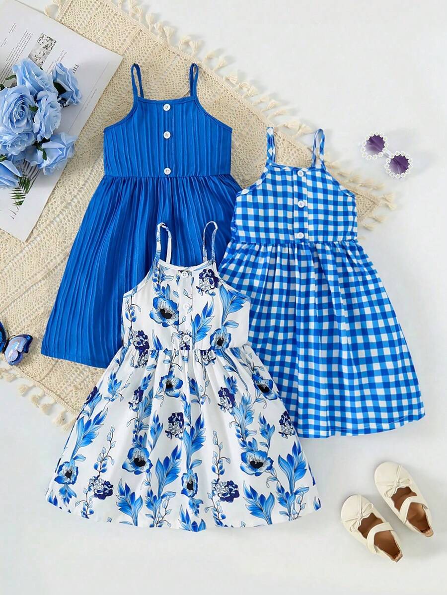 3pcs/Set Girls Floral Print Cami Dress + Solid Color Button Cami Dress + Plaid Print Patchwork Button Decor Cami Dress, Perfect For Summer Daily, Vacation And Party Wear - Multicolor - View 1