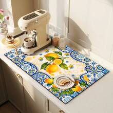 1pc Dish Drying Mat, Coffee Machine Mat, Blue & White Floral Border With Yellow Lemon Fruit Pattern Absorbent Draining Mat, Suitable For Dining Table, Cafe, Multi-Purpose Drainage Pad, Home Gift, Tabletop Decor - XYLSD-352 - View 3
