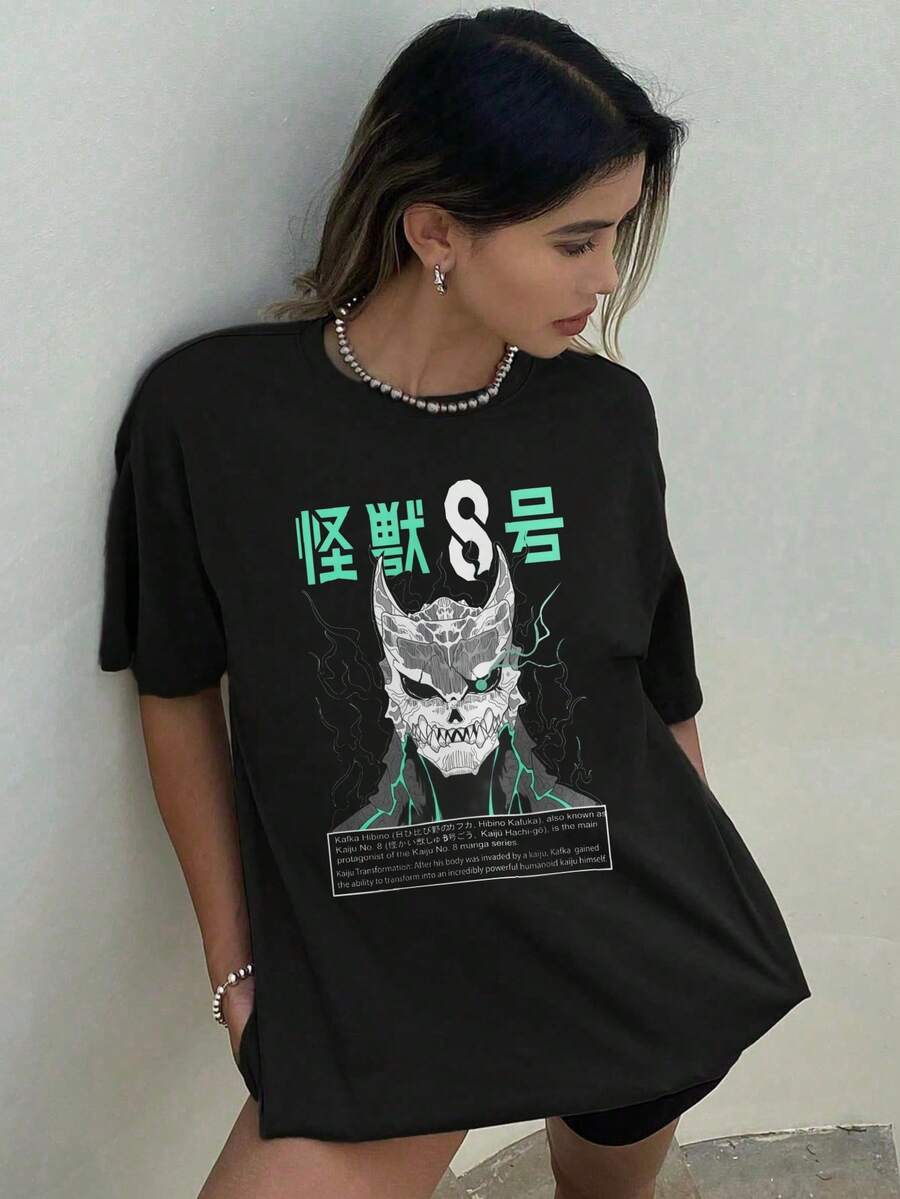 1 Piece 180g Women's Cotton Shirt, Oversized Short Sleeve Round Neck With Print For Daily And Street Wear, Designed By Y2K Artists In The Bababask Style - 黑色8 - 查看 1
