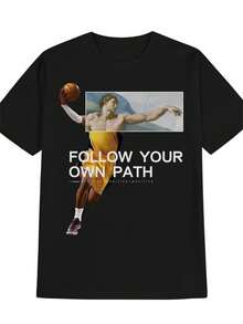 1pc Camiseta de Hombre con Estampado de Baloncesto Vintage - Cuello Redondo Casual, Tejido de Poliéster con Ligera Elasticidad, Ajuste Regular, Camiseta Gráfica de Verano con Cita Inspiradora, Tema Esencial de Anime Y2K Horror Humor Oscuro, Regalo para Hombre - Negro - Ver 7