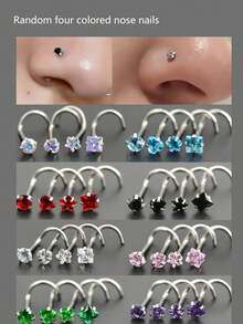 4pcs Multi-Functional Fashion Cubic Nose/Lip/Cartilage Studs, 0.8x7mm Curved Stainless Steel Nose/Ear Rings, Versatile Body Piercing Jewelry For Women - Bent Rod Nose Pin 4-piece Set - View 4