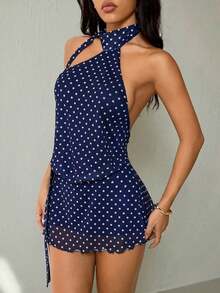 Vestido con estampado de lunares, escote halter asimétrico y espalda descubierta para mujer - Azul marino - Ver 6