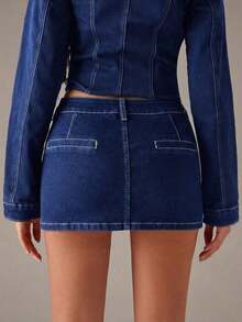 Minifalda de mezclilla ajustada de unicolor de moda de verano para mujer - Azul lavado oscuro - Ver 2