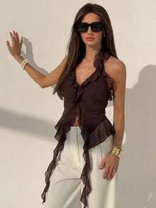Camiseta de tirantes con volantes en el bajo, unicolor y diseño minimalista para mujer - Café integral - Ver 1