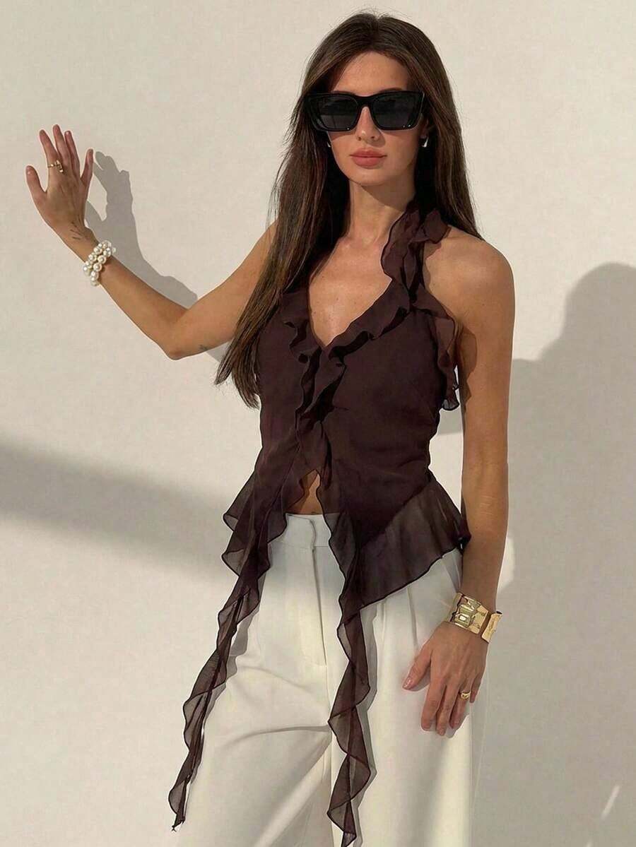 Camiseta de tirantes con volantes en el bajo, unicolor y diseño minimalista para mujer - Café integral - Ver 1