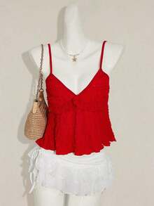 Blusa de tirantes de mujer con volantes de tela texturizada de unicolor para el verano y vacaciones - Rojo - Ver 5
