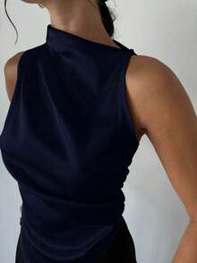 Blusa de satén con cuello plisado, sin mangas, elegante y minimalista para oficina, con dobladillo puntiagudo - Azul marino 2 - Ver 3