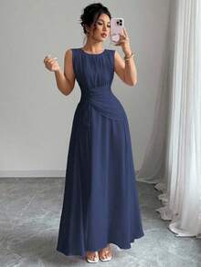 Vestido maxi casual, romántico, vintage y elegante de gasa para mujer con cordón en la cintura, para la playa, el té de la tarde, fiestas de noche, uso diario, sin mangas, de unicolor, vestido largo, primavera/verano - Azul marino - Ver 8