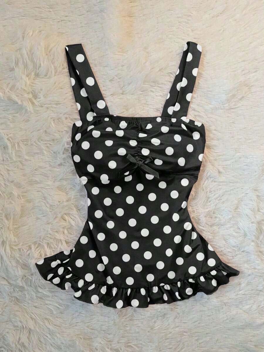 Esta dulce y adorable blusa corta de ajuste ceñido con estilo de cuento de hadas Y2K para mujeres presenta lunares y un lindo moño.Es un look dulce e inocente, perfecto como regalo para una amiga o para uso diario - Multicolor - Ver 1
