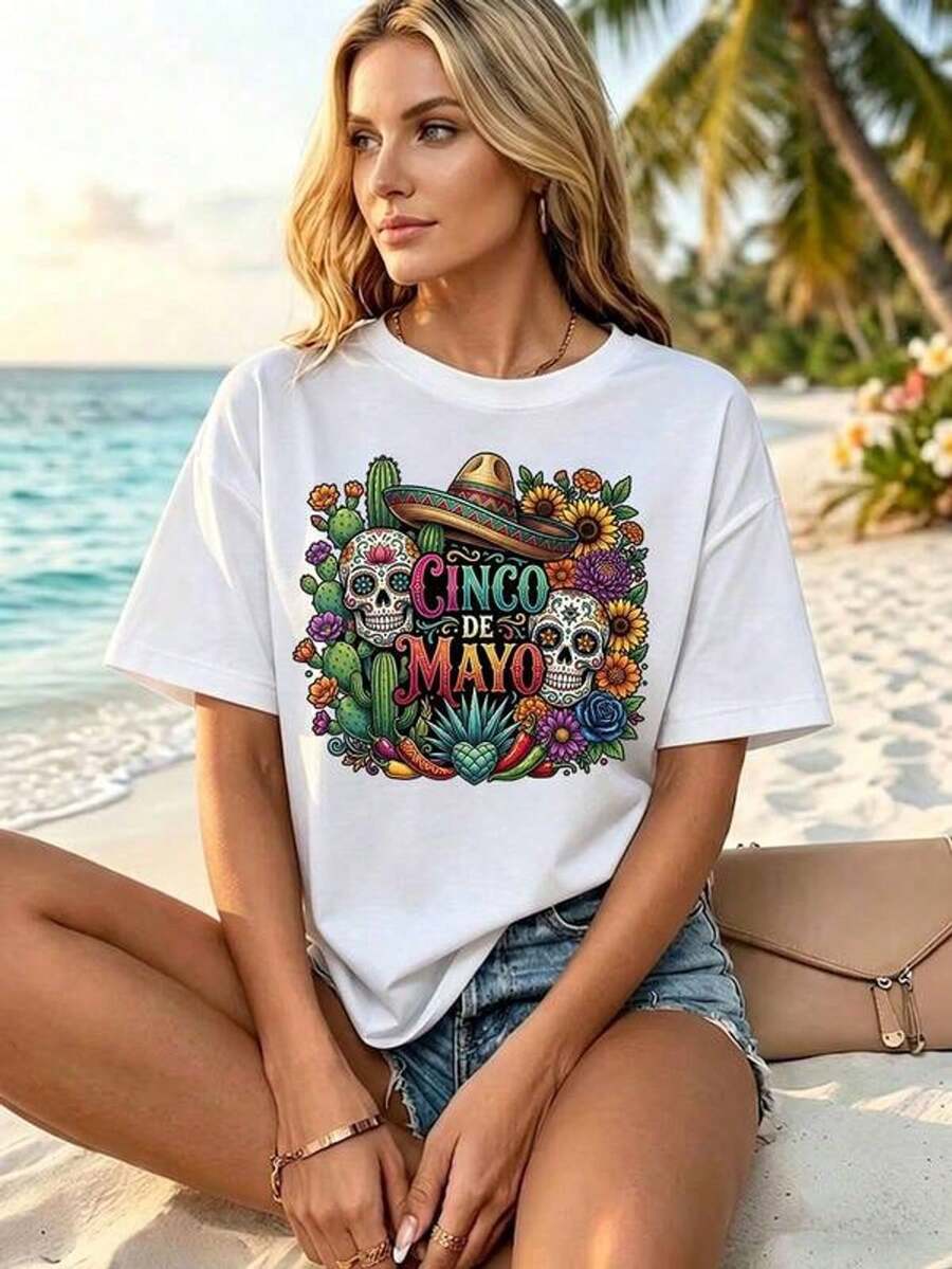 Camiseta gráfica colorida del Cinco de Mayo, camiseta casual con estampado de calavera de azúcar, sombrero, cactus y flores, de corte hoado y cómodara uso diario, sin desteñir y versátil para usar a diario, de vacaciones, deportes y ocio, regalo i para el Cinco de Mayo y el Día de la Madre