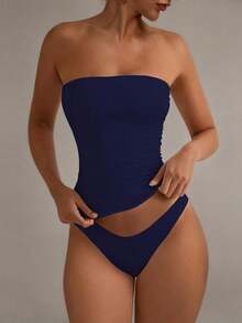 Camiseta sin tirantes sexy básica, top tubo ajustado de unicolor y elástico a la moda, adecuado para mujeres en todas las estaciones, casual negro de verano - azul real - Ver 2