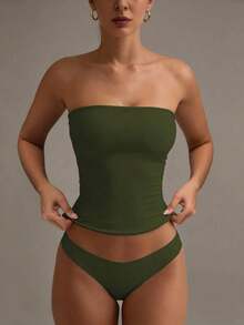 Camiseta sin tirantes sexy básica, top tubo ajustado de unicolor y elástico a la moda, adecuado para mujeres en todas las estaciones, casual negro de verano - Verde militar - Ver 8