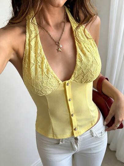 Áo tank top ngắn ôm sát màu vàng viền ren, kiểu yếm buộc dây, hở lưng, thích hợp cho nữ, đi nghỉ mát, dạo phố, mùa hè, dự tiệc, gợi cảm.