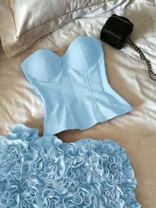 Top corto con corsé de cintura de espina de pescado, estilo sexy, tipo bandage, sin tirantes, para mujer, lindo para citas y fiestas, color negro, para verano - Azul - Ver 5